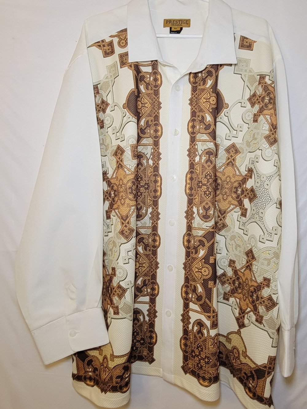 Men's White Casual Button-Down Shirt with Brown Pattern